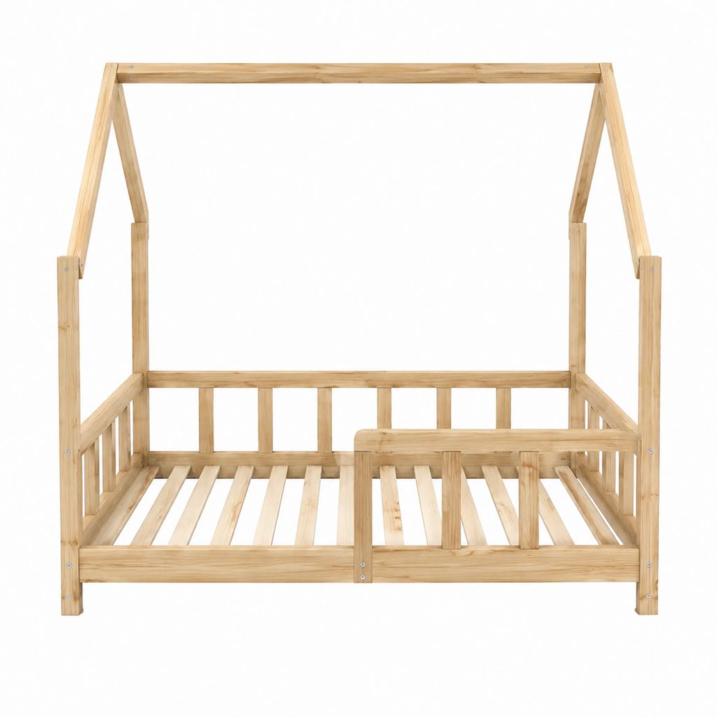 Kinder Hausbett aus massivem Kiefernholz Natur mit Rausfallschutz Liegefläche 90 x 200 cm Außenmaße 206 x 96 x 170 cm