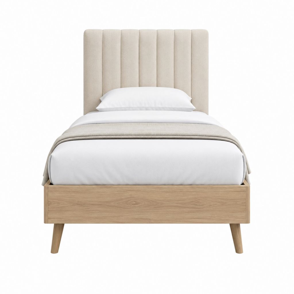 Polsterbett 90 x 200 cm Beige mit Eichenfurnier und Polyester-Kopfteil