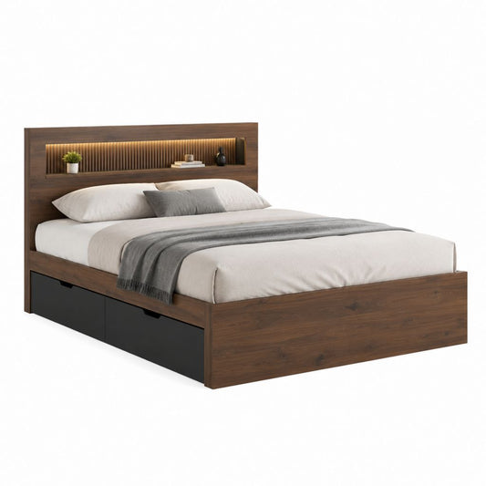 Doppelbett Bettgestell mit Stauraumschubladen LED-Kopfteil Walnussbraun Schwarz Spanplatte 160 x 200 cm