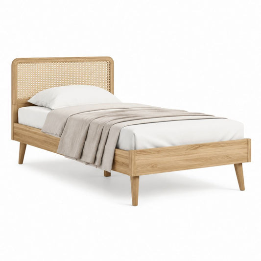 Einzelbett Bettgestell Hellbraun Beige aus massivem Eichenholz und Rattan rechteckig 90 x 200 cm