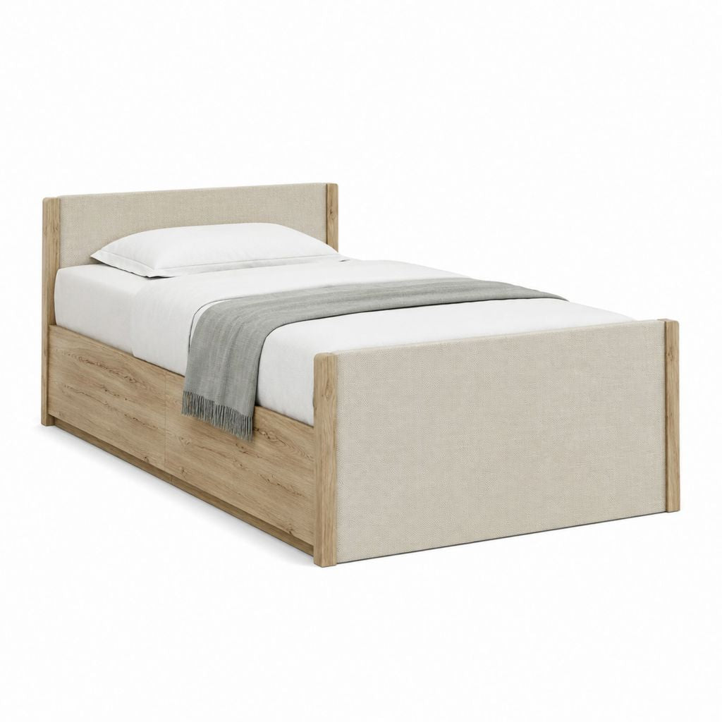 Einzelbett Bettgestell Eichefarben Beige Spanplatte Polyester Rechteckig Liegefläche 90 x 200 cm Außenmaße 96 x 207 x 100 cm