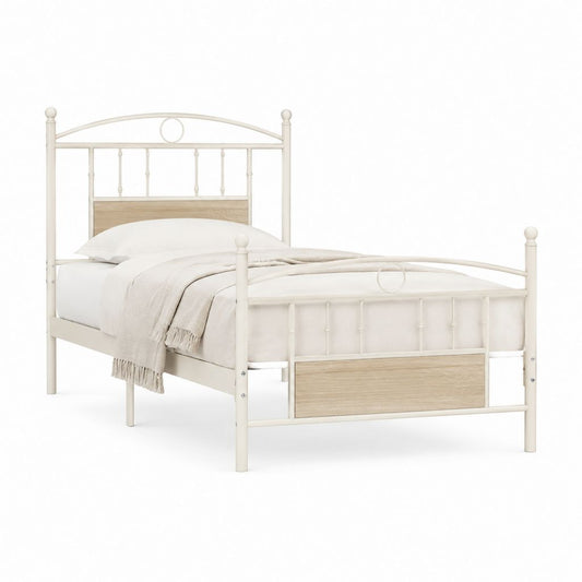 Metallbett Einzelbett Cremeweiß mit MDF-Eichenoptik 90 x 200 cm