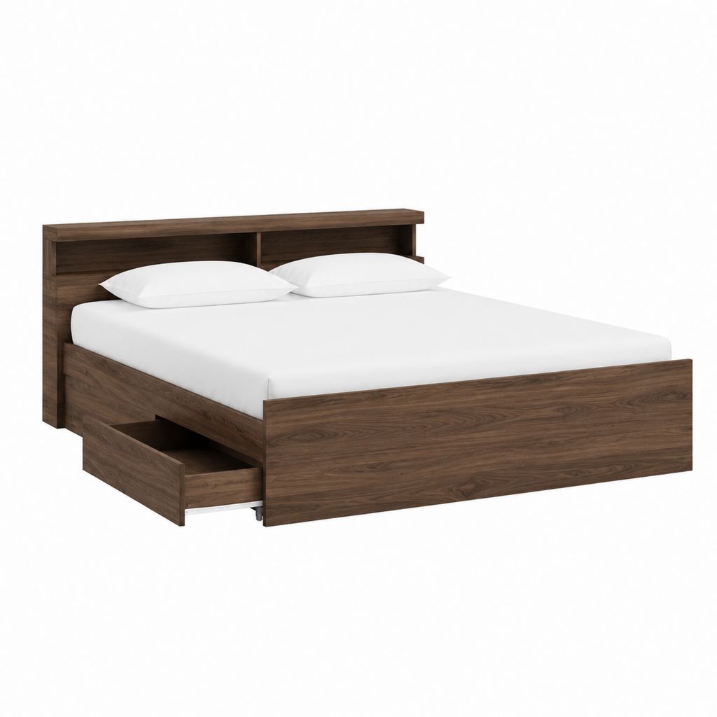 Doppelbett mit Stauraumschublade und Regal-Kopfteil Nussbaum-Dekor 160 x 200 cm